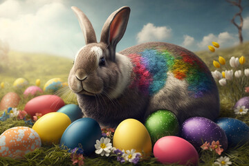 Fototapeta na wymiar Cute bunny with Easter egg, colorful background. Generate Ai