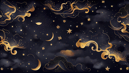 Seamless pattern of the night sky with gold foil constellations stars and clouds watercolor. Generate Ai.
