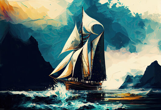Sailboat against a background of sea digital painting Generate Ai.