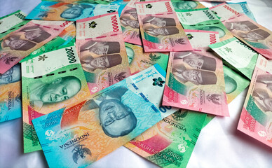 Selective focus. New rupiah money. Indonesia currency isolated white background.
