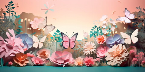 paper art scene of a magical garden with butterflies and flowers in soft hues. Generative AI