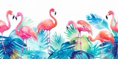 repeating pattern of watercolor flamingos and palm trees, perfect for use in swimwear or stationery designs. Generative AI