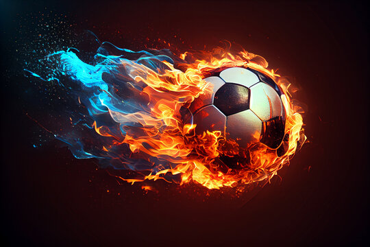 Football on fire flying, on bright background. Generate Ai