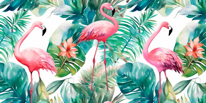 repeating pattern of watercolor flamingos and palm trees, perfect for use in swimwear or stationery designs. Generative AI