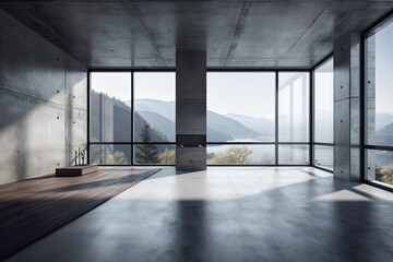 Interior of modern loft with concrete floor and panoramic windows