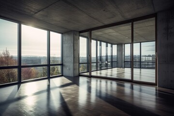 Interior of modern loft with concrete floor and panoramic windows