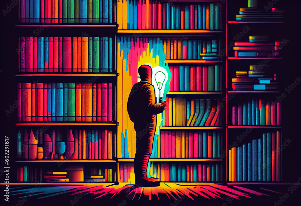 Poster man with book and lightbulb looking for knowledge on library with colorfull books. generate ai