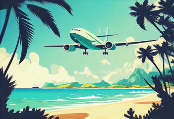 Fototapeta na wymiar Airplane flying above tropical sea beach , Theme of travel in summer trip , Vacation weekend and tourism.Generate Ai