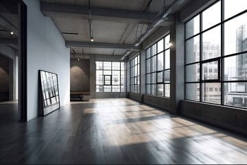 Interior of modern art gallery with empty white walls and concrete floor. Gallery concept