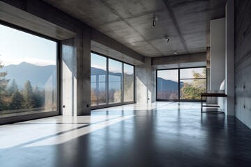 Fototapeta na wymiar Interior of modern loft with concrete floor and panoramic windows