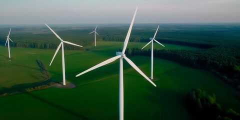 Aerial view of a wind farm with white turbines spinning in a green countryside Generative AI