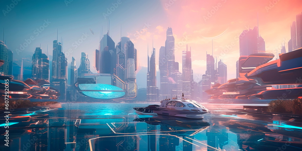 Wall mural futuristic harbor with advanced boats and ships docked amidst a beautiful city skyline. generative a