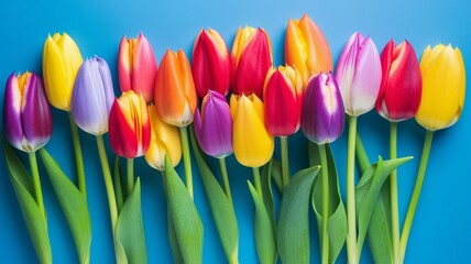 Spring rainbow tulip flowers on blue background  Generative AI