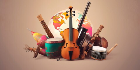 World Music Day featuring iconic instruments from various cultures and regions. Generative AI
