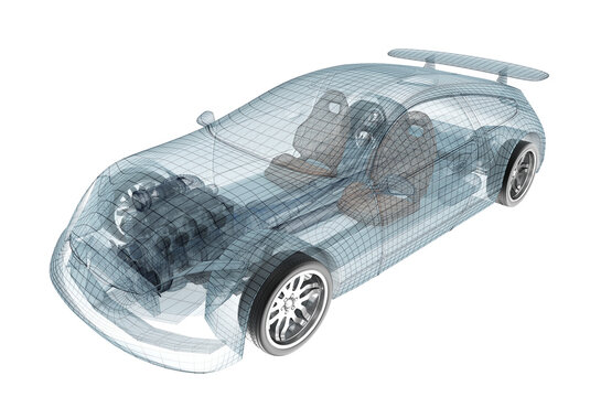 Car design, wire model. my own design. 3D illustration with transparent background