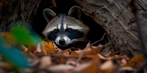 Fototapeta premium raccoon peeking out of a tree hole, with leaves and branches surrounding it Generative AI