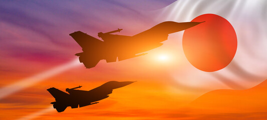 Group of aircraft fighter jet airplane. Japan flag. Air force day. 3d illustration