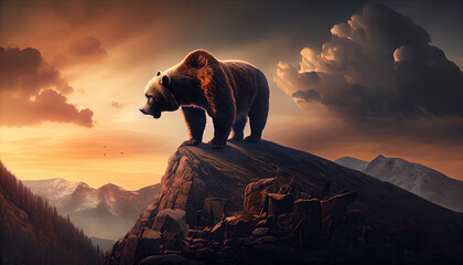 Big ferocious bear on top of a mountain at sunset. Generate Ai.