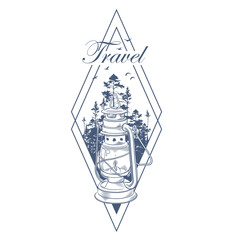 Hand drawn geometric travel badge with forest trees silhouette, kerosene lamp and lettering 