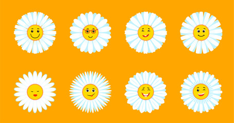 Camomile smile daisy flowers. Cartoon chamomile characters cheerful, happy smiling and winking isolated vector faces. Summer or spring flower comical personages, Easter holiday daisy decoration
