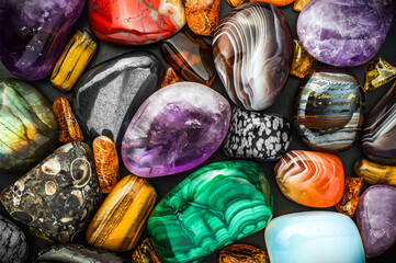 tumbled gemstone mix. macro detail texture background. close-up polished semi-precious gemstone.