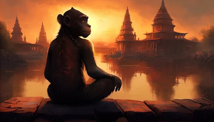 Fotobehang Monkey yogi sits with his back in the lotus position. Generate Ai. © AI_images