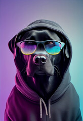 Obraz premium Creative animal composition. Black labrador in torn hoodie, wearing shades sunglass eyeglass isolated. Pastel gradient background. With text copy space. Generate Ai