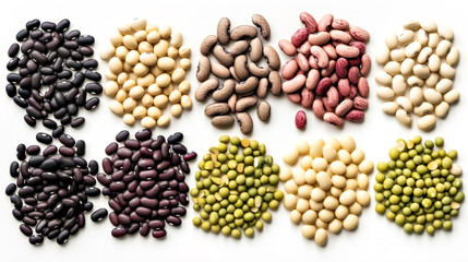 Legumes and beans assortment on white background, generative AI.