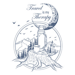 Hand drawn travel badge with forest trees silhouette, thermos and cup, moon and lettering 