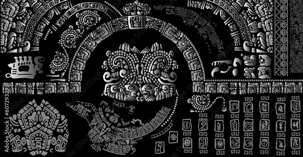 Wall mural Signs and symbols of the ancient Mayan peoples of Latin America on a black background.