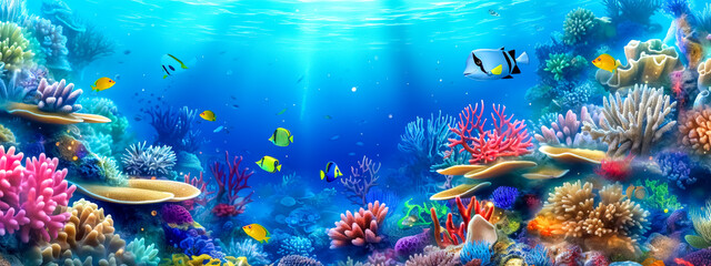 Obraz na płótnie Canvas nautical aquarium, colorful underwater world with fish and plants, banner with copy space, made with Generative AI