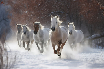 Fototapeta na wymiar Horses galloping in the snow