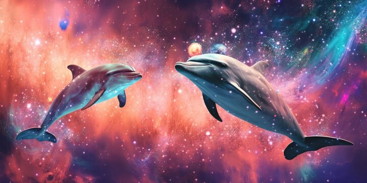 An airbrush painting of 1980s dolphins floating in minimal space style. Generative AI AIG27.