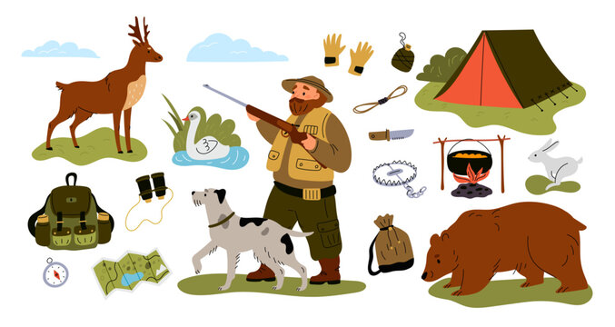 Hunters equipment. Cartoon character hunting with gun and dog. Forest bear and deer. Cooking on bonfire. Binoculars and backpack. Compass and camping tent. Stalking prey. Garish vector set
