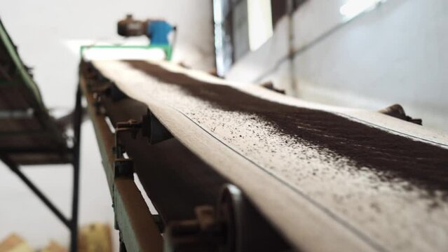 Tea factory extreme close up of tea powder in a belt machinery for indian black tea production 