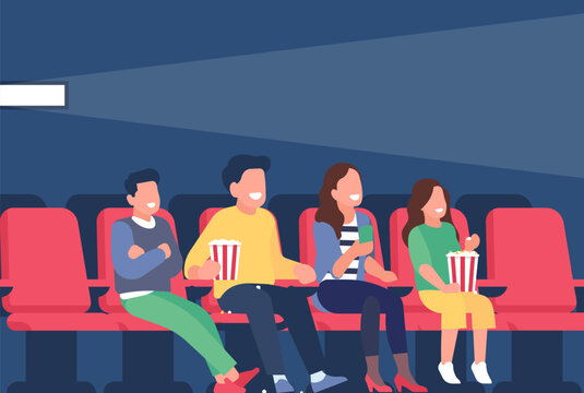 Jolly family watching movie in theater with popcorn. Happy people sitting in cinema, mother father with kids watch film, performance on stage. Cartoon flat style isolated vector concept