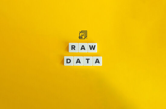 Raw Data Banner and Concept Image. Block Letter Tiles on Yellow Background. Minimal Aesthetic.