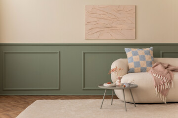 Living room interior with mock up poster frame, copy space, boucle sofa, patterned pillow, round...