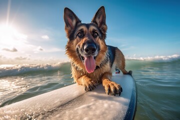 Image of a happy German Shepherd surfing on a surfboard at the beach on a sunny day.
