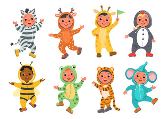 Kids animal dress. Funny children in cute pajamas and suits. Happy boys and girls. Carnival wears. Different kigurumi costumes. Halloween and birthday party clothing. Splendid vector set