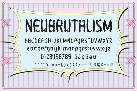 Y2K Aesthetics Neobrutalism Font Set. Retro wave trend. Anti-design typeface for posters and flyers.