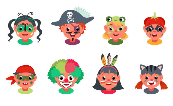 Kids faces painting. Boys and girls with carnival makeups. Entertainment for children. Pirate or Indian. Animals festival party costumes. Little people heads with masks. Splendid vector set