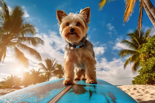 Image of a happy Yorkshire terrier surfing on a surfboard at the Miami beach on a sunny day.