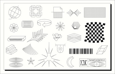 Super trendy geometric Y2K aesthetic brutalism styled linear shapes and forms. Set including stars, deformation, bubbles, arrows and other trendy shapes.