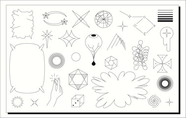 Super trendy geometric Y2K aesthetic brutalism styled linear shapes and forms. Set including stars, deformation, bubbles, arrows and other trendy shapes.
