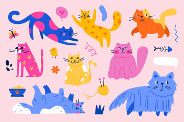 Big fun set of cat characters. Cats vector illustration