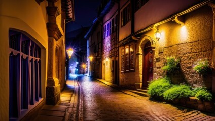 Fototapeta na wymiar Night empty old historical street with glowing neon lights from the pavement of paving stones in small village. Generative AI