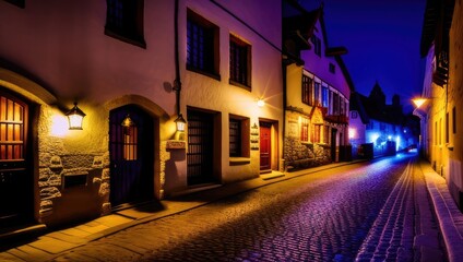 Fototapeta premium Night empty old historical street with glowing neon lights from the pavement of paving stones in small village. Generative AI