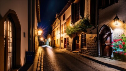 Fototapeta na wymiar Night empty old historical street with glowing lights from the pavement of paving stones in small village. Generative AI