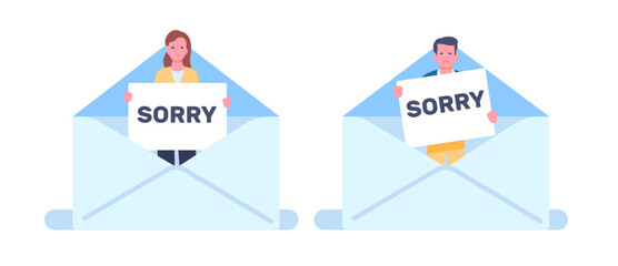 Letters in which sad woman and man hold up sign with word sorry. People apologizing. Apology lettering. Persons asking for forgiveness. Regret mistakes. Paper envelope. Vector concept